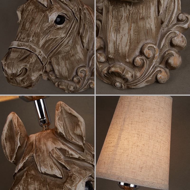 Country Horse Sconce Lamp 1 Bulb Resin Wall Mounted Light in Brown with Tapered Fabric Shade Clearhalo 'Wall Lamps & Sconces' 'Wall Lights' Lighting' 230002