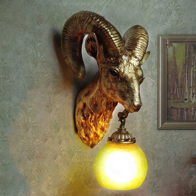 Resin Gold Sconce Lamp Goat 1-Light Country Style Wall Mounted Lighting with Crystal/Glass Shade Clearhalo 'Wall Lamps & Sconces' 'Wall Lights' Lighting' 230028