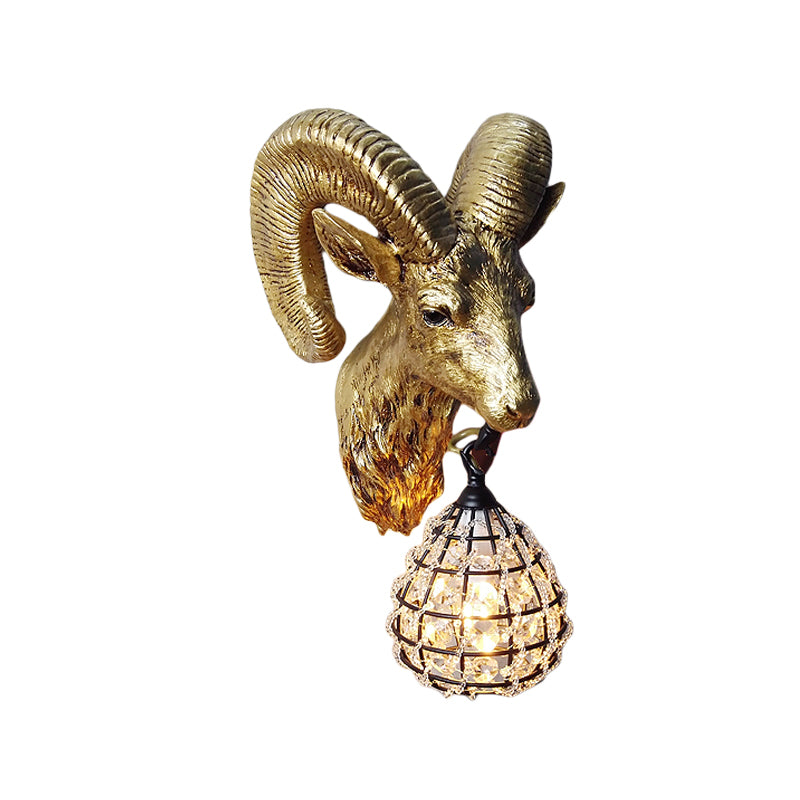 Resin Gold Sconce Lamp Goat 1-Light Country Style Wall Mounted Lighting with Crystal/Glass Shade Clearhalo 'Wall Lamps & Sconces' 'Wall Lights' Lighting' 230033