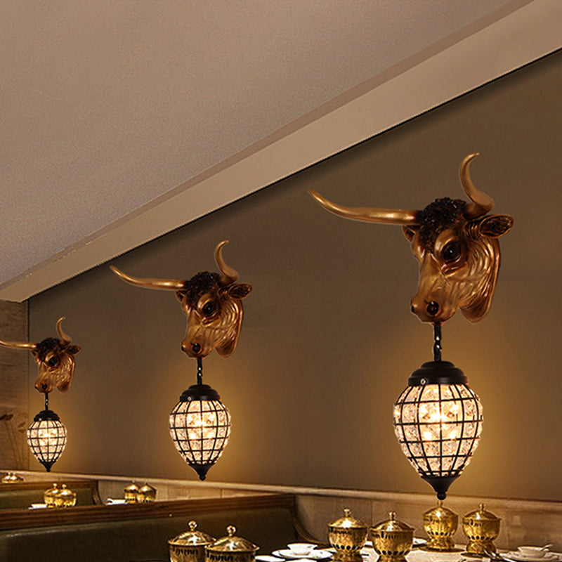 Country Cattle Sconce Light Fixture 1-Light Resin Wall Mount Lighting in Brown with Water Drop/Globe Crystal Shade Brown Water Drop Clearhalo 'Wall Lamps & Sconces' 'Wall Lights' Lighting' 230065