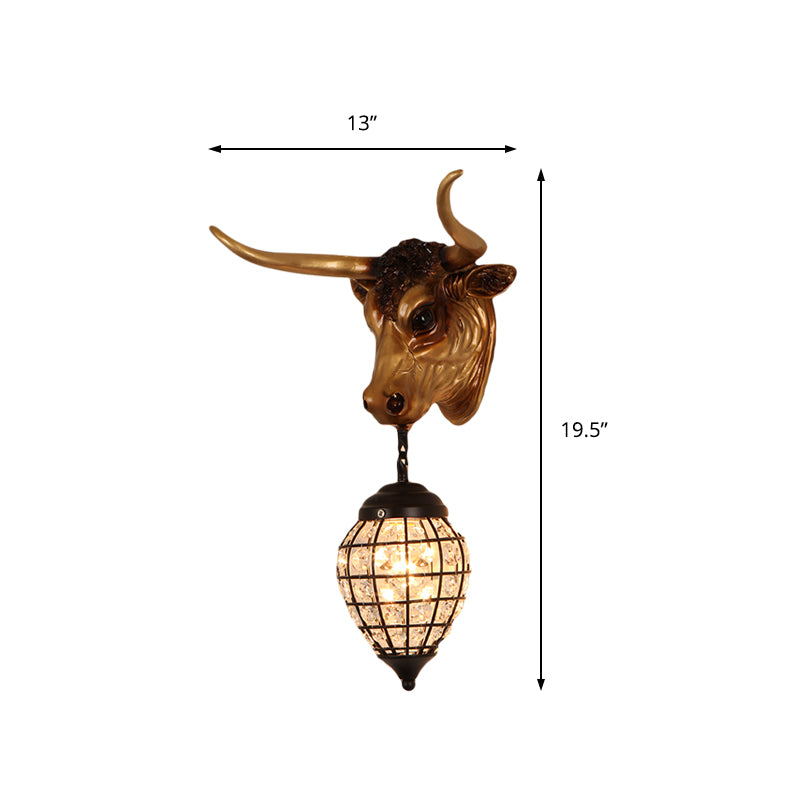 Country Cattle Sconce Light Fixture 1-Light Resin Wall Mount Lighting in Brown with Water Drop/Globe Crystal Shade Clearhalo 'Wall Lamps & Sconces' 'Wall Lights' Lighting' 230069