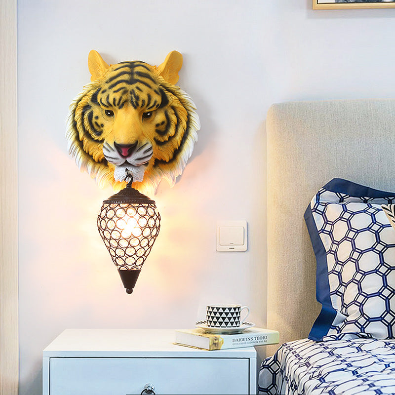 Yellow 1 Light Sconce Light Rustic Resin Tiger Wall Lighting Fixture for Living Room with Teardrop Crystal Shade Clearhalo 'Wall Lamps & Sconces' 'Wall Lights' Lighting' 230077