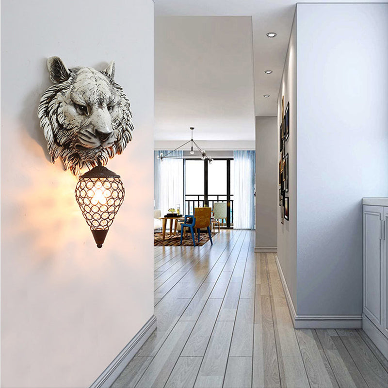 Tiger Corridor Wall Light Fixture Rustic Resin 1 Light Grey Sconce Lamp with Teardrop Crystal Shade Clearhalo 'Wall Lamps & Sconces' 'Wall Lights' Lighting' 230082