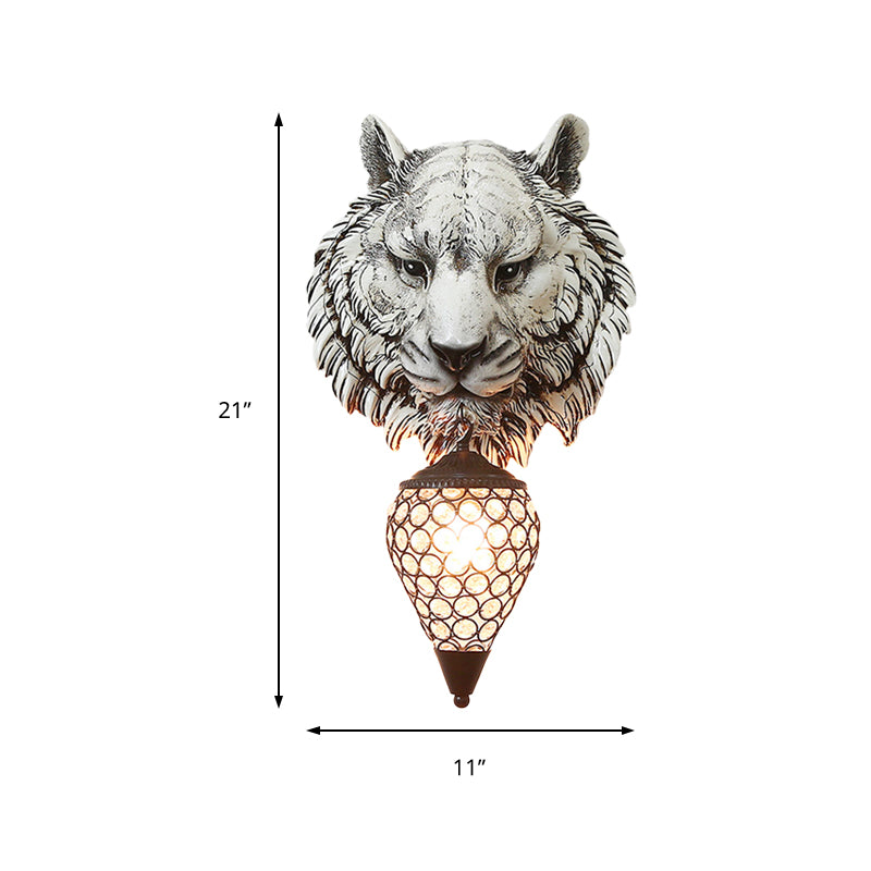 Tiger Corridor Wall Light Fixture Rustic Resin 1 Light Grey Sconce Lamp with Teardrop Crystal Shade Clearhalo 'Wall Lamps & Sconces' 'Wall Lights' Lighting' 230084