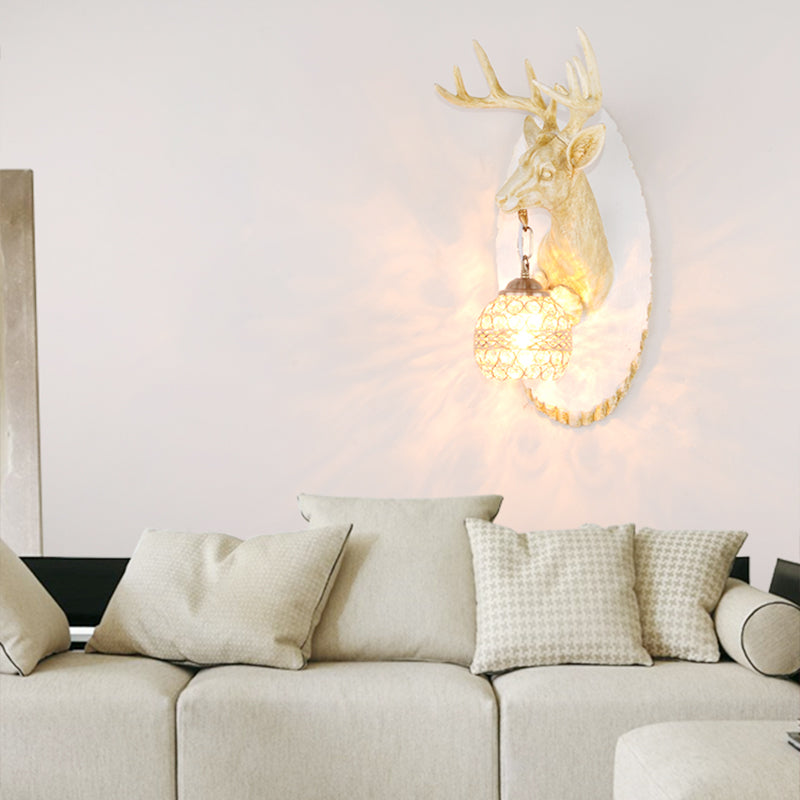 1 Light Resin Wall Lamp Rustic Black/Gold/Tan Orb Shade Indoor Sconce Light Fixture with Elk, Right/Left White Right Clearhalo 'Wall Lamps & Sconces' 'Wall Lights' Lighting' 230100