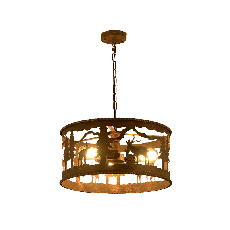 3 Lights Drum Chandelier Lighting Vintage Rust Metal Pendant Light Fixture for Living Room with Round Canopy Clearhalo 'Ceiling Lights' 'Chandeliers' Lighting' options 230171