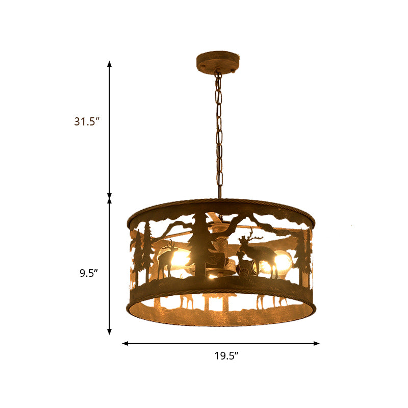 3 Lights Drum Chandelier Lighting Vintage Rust Metal Pendant Light Fixture for Living Room with Round Canopy Clearhalo 'Ceiling Lights' 'Chandeliers' Lighting' options 230172