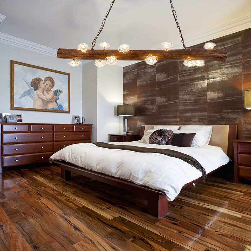 Open Bulb Bedroom Island Lighting Countryside Wood 12 Lights Brown Hanging Lamp Kit Brown Clearhalo 'Ceiling Lights' 'Island Lights' Lighting' 230191