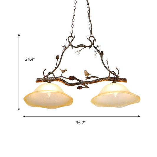 Opal Glass Scalloped Island Pendant Light Rustic 2 Lights Bedroom Hanging Lamp in Beige Clearhalo 'Ceiling Lights' 'Close To Ceiling Lights' 'Glass shade' 'Glass' 'Island Lights' Lighting' 230198