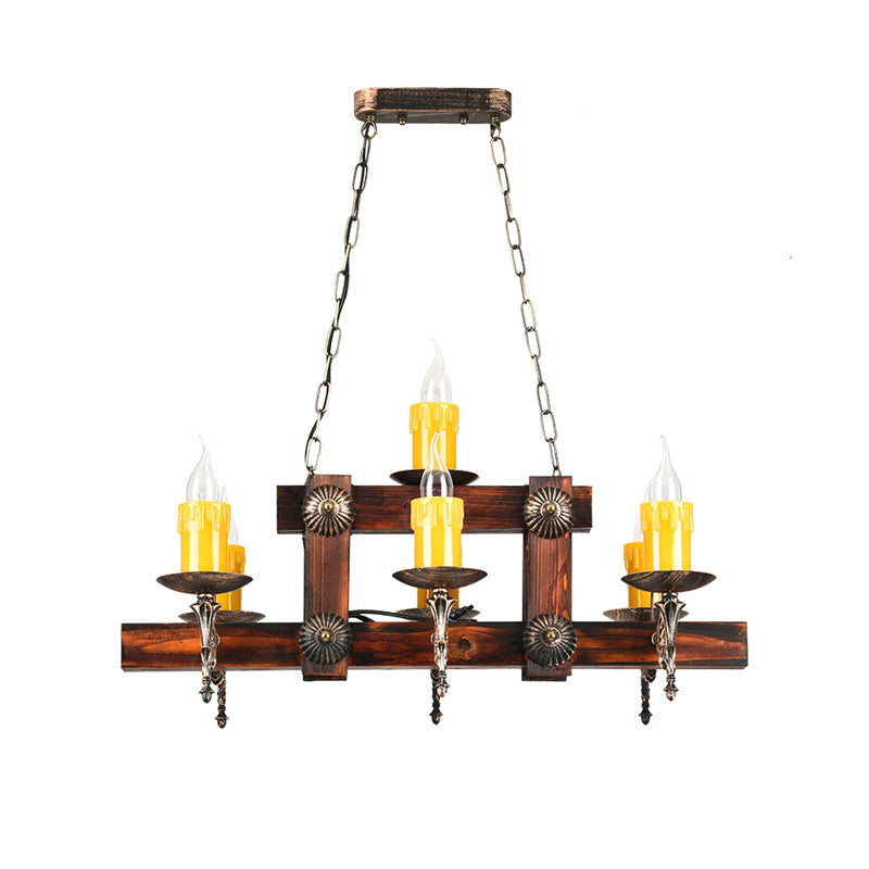 Brown Candle Island Lighting Fixture Country Style Wood 7/10 Heads Dining Room Hanging Light Clearhalo 'Ceiling Lights' 'Island Lights' Lighting' 230205