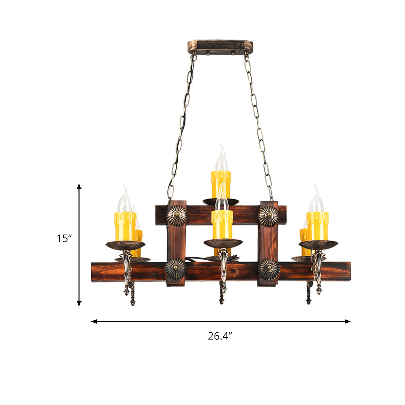 Brown Candle Island Lighting Fixture Country Style Wood 7/10 Heads Dining Room Hanging Light Clearhalo 'Ceiling Lights' 'Island Lights' Lighting' 230206