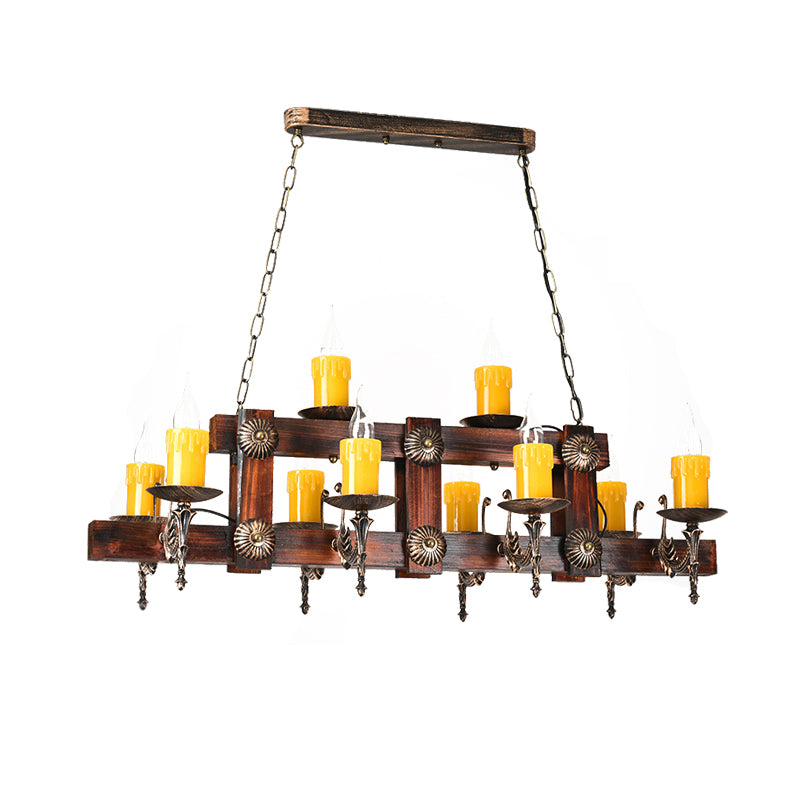 Brown Candle Island Lighting Fixture Country Style Wood 7/10 Heads Dining Room Hanging Light Clearhalo 'Ceiling Lights' 'Island Lights' Lighting' 230208