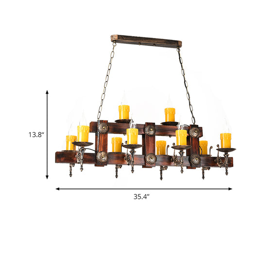 Brown Candle Island Lighting Fixture Country Style Wood 7/10 Heads Dining Room Hanging Light Clearhalo 'Ceiling Lights' 'Island Lights' Lighting' 230209