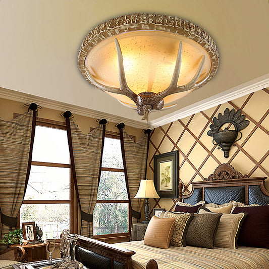 1 Light Domed Flush Light Fixture Country Brown Resin Ceiling Mount for Bedroom with Elk Pattern Brown Clearhalo 'Ceiling Lights' 'Close To Ceiling Lights' 'Close to ceiling' 'Flush mount' Lighting' 230214