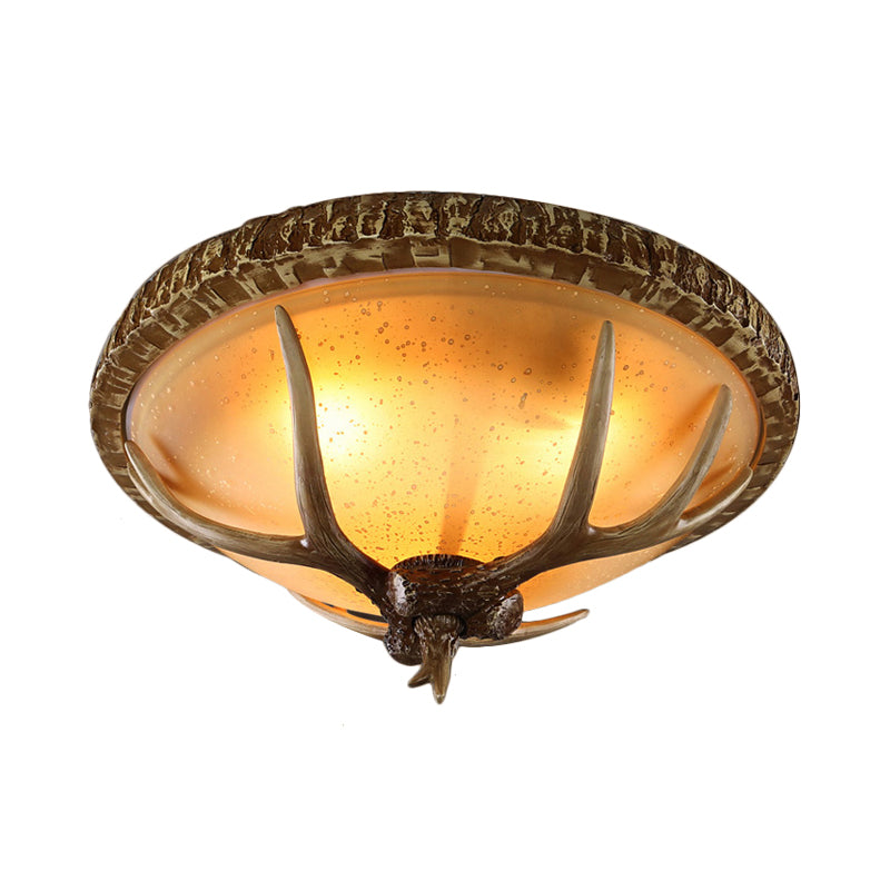 1 Light Domed Flush Light Fixture Country Brown Resin Ceiling Mount for Bedroom with Elk Pattern Clearhalo 'Ceiling Lights' 'Close To Ceiling Lights' 'Close to ceiling' 'Flush mount' Lighting' 230216