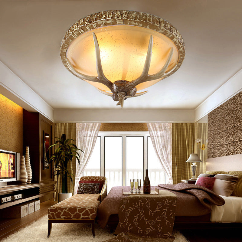 1 Light Domed Flush Light Fixture Country Brown Resin Ceiling Mount for Bedroom with Elk Pattern Clearhalo 'Ceiling Lights' 'Close To Ceiling Lights' 'Close to ceiling' 'Flush mount' Lighting' 230217