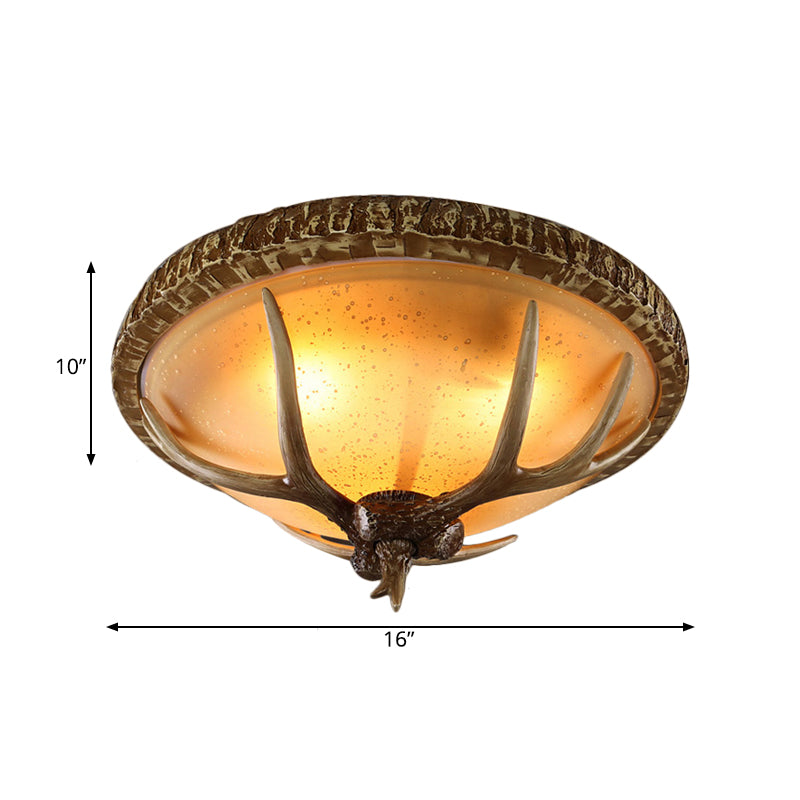 1 Light Domed Flush Light Fixture Country Brown Resin Ceiling Mount for Bedroom with Elk Pattern Clearhalo 'Ceiling Lights' 'Close To Ceiling Lights' 'Close to ceiling' 'Flush mount' Lighting' 230218