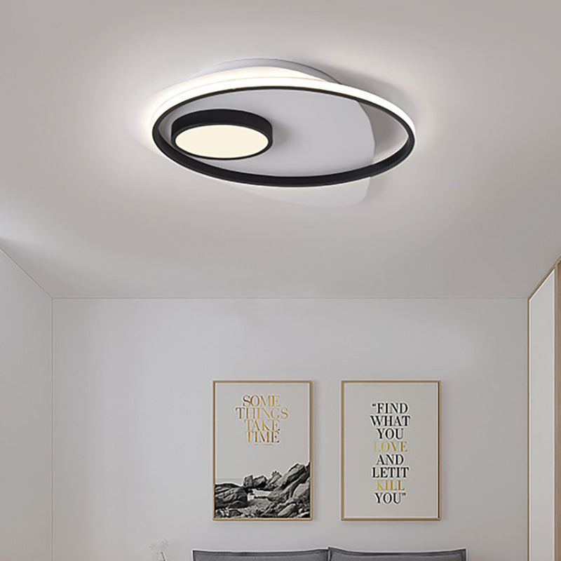 Acrylic Oval Flush Mount Lighting Modernist Led 18"/21.5"/27" Wide Black and White Flush Ceiling Lamp Fixture in White/Warm Light Black-White White Clearhalo 'Ceiling Lights' 'Close To Ceiling Lights' 'Close to ceiling' 'Flush mount' Lighting' 230228