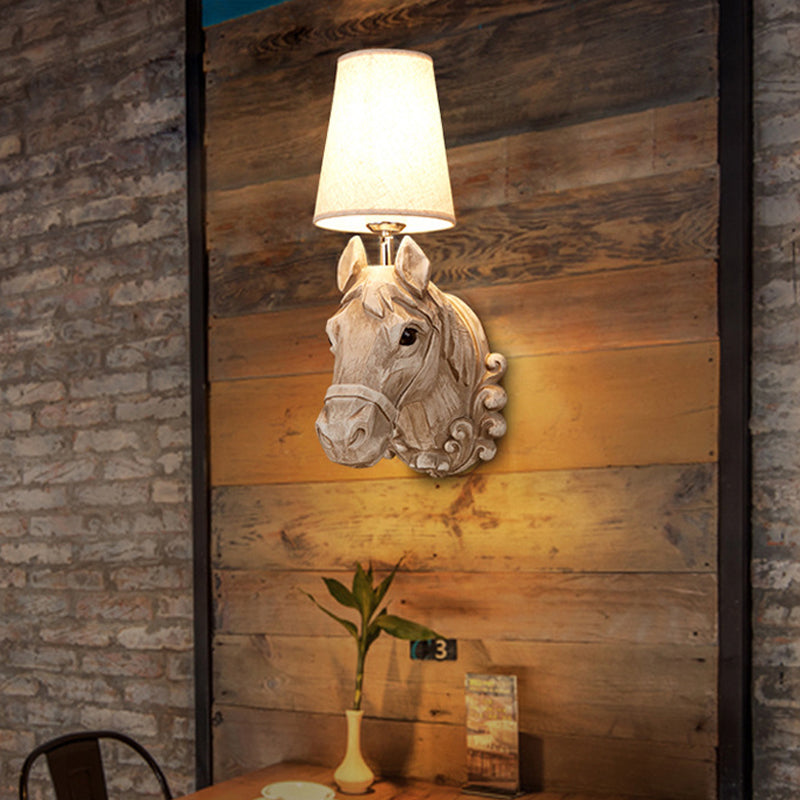 1 Light Wall Lamp Lighting Traditional Horse Resin Sconce Light Fixture in Light Brown with Tapered Fabric Shade Light Brown Clearhalo 'Wall Lamps & Sconces' 'Wall Lights' Lighting' 230314