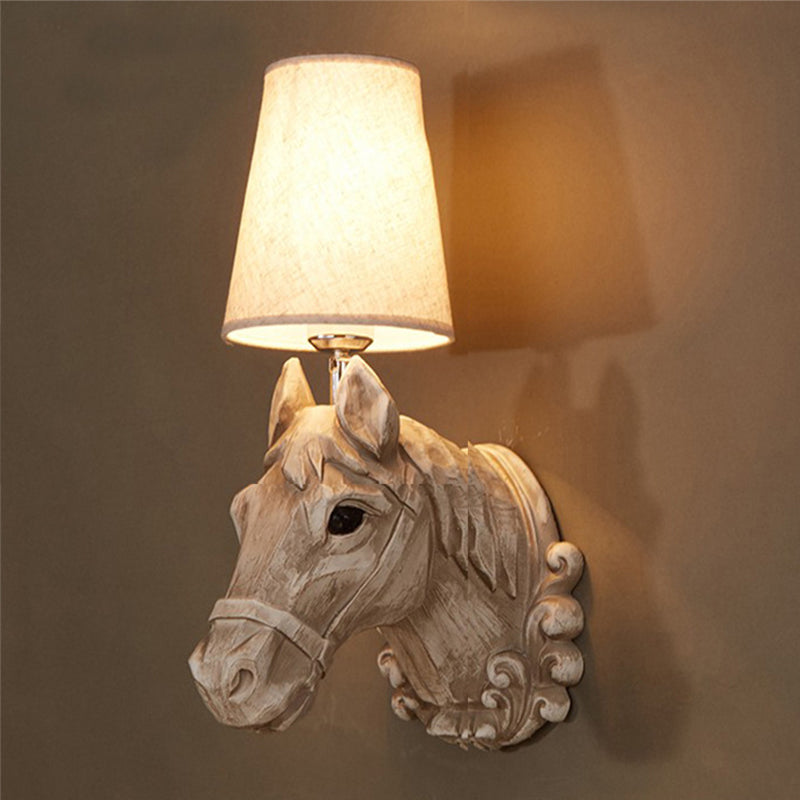 1 Light Wall Lamp Lighting Traditional Horse Resin Sconce Light Fixture in Light Brown with Tapered Fabric Shade Clearhalo 'Wall Lamps & Sconces' 'Wall Lights' Lighting' 230315