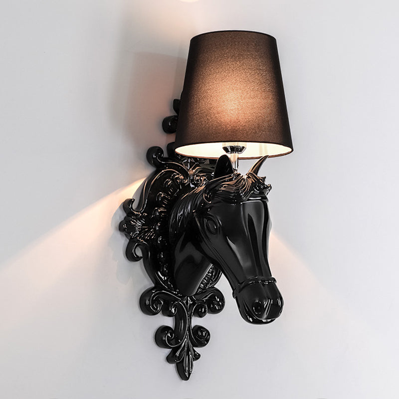 1 Bulb Horse Sconce Lamp Classic Black/White Resin Wall Mounted Light with Cone Fabric Shade Clearhalo 'Wall Lamps & Sconces' 'Wall Lights' Lighting' 230320