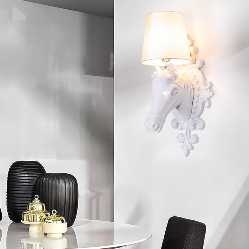 1 Bulb Horse Sconce Lamp Classic Black/White Resin Wall Mounted Light with Cone Fabric Shade White Clearhalo 'Wall Lamps & Sconces' 'Wall Lights' Lighting' 230323