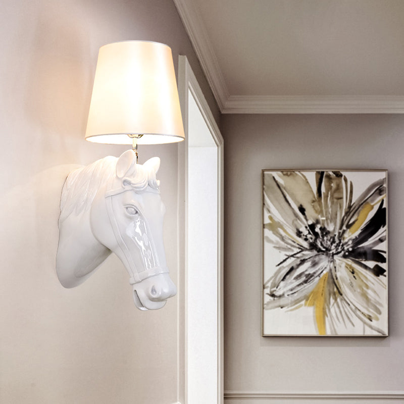 1 Bulb Horse Sconce Lamp Classic Black/White Resin Wall Mounted Light with Cone Fabric Shade Clearhalo 'Wall Lamps & Sconces' 'Wall Lights' Lighting' 230324