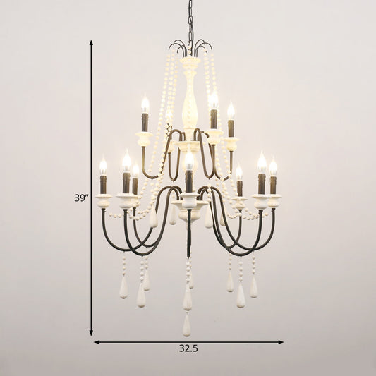 Traditional 2-Tier Hanging Chandelier Metal 12 Bulbs Suspension Light in White with Wooden Drop Clearhalo 'Ceiling Lights' 'Chandeliers' Lighting' options 230416