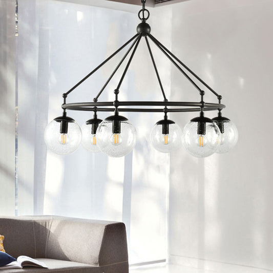 Clear Frosted Glass Sphere Chandelier Modernist Multi Lights Black Hanging Light Kit with Circle Ring Design Black Clearhalo 'Ceiling Lights' 'Chandeliers' 'Glass shade' 'Glass' 'Modern Chandeliers' 'Modern' Lighting' 230501