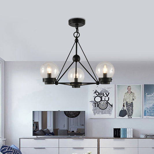 Ball Living Room Chandelier Pendant Clear Frosted Glass 3 Lights Modern Hanging Ceiling Light in Black with Triangle Design Black Clearhalo 'Ceiling Lights' 'Chandeliers' 'Close To Ceiling Lights' 'Glass shade' 'Glass' 'Modern Chandeliers' 'Modern' Lighting' 230513