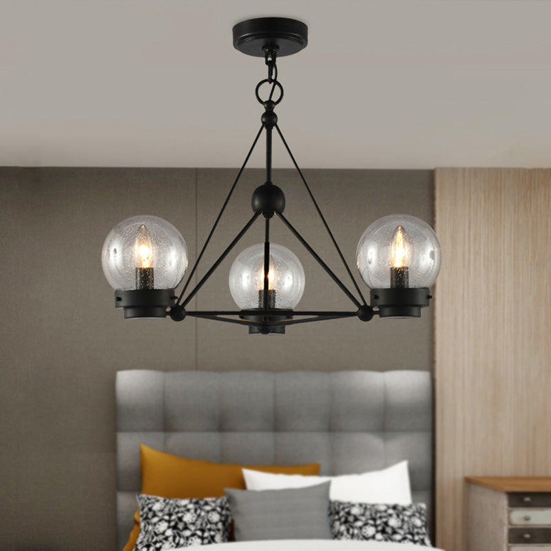 Ball Living Room Chandelier Pendant Clear Frosted Glass 3 Lights Modern Hanging Ceiling Light in Black with Triangle Design Clearhalo 'Ceiling Lights' 'Chandeliers' 'Close To Ceiling Lights' 'Glass shade' 'Glass' 'Modern Chandeliers' 'Modern' Lighting' 230514