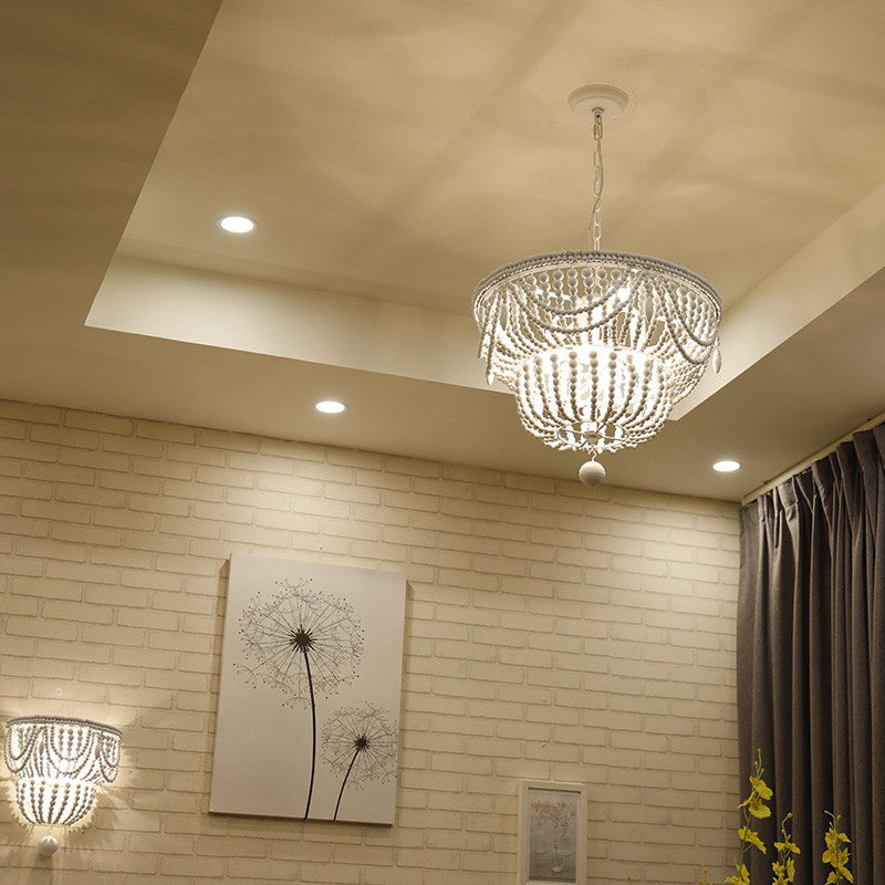 Wood Layered Chandelier Lamp Minimalism 4 Heads White Pendant Lighting Fixture with Global Drop Clearhalo 'Ceiling Lights' 'Chandeliers' Lighting' options 230521