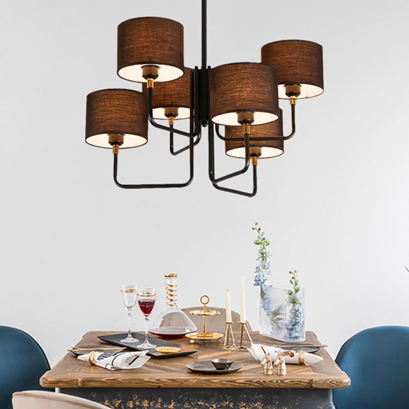 Metal Sputnik Chandelier Lamp Contemporary Multi Lights Black Led Hanging Pendant Light with Brown/White Fabric Drum Shade Clearhalo 'Ceiling Lights' 'Chandeliers' 'Modern Chandeliers' 'Modern' Lighting' 230526