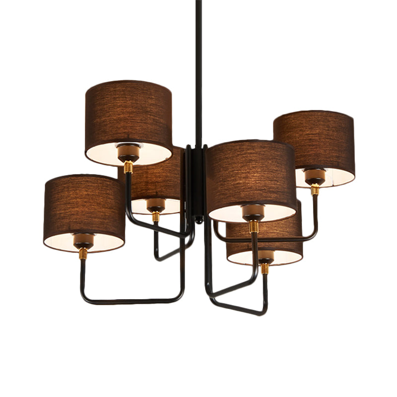 Metal Sputnik Chandelier Lamp Contemporary Multi Lights Black Led Hanging Pendant Light with Brown/White Fabric Drum Shade Clearhalo 'Ceiling Lights' 'Chandeliers' 'Modern Chandeliers' 'Modern' Lighting' 230527