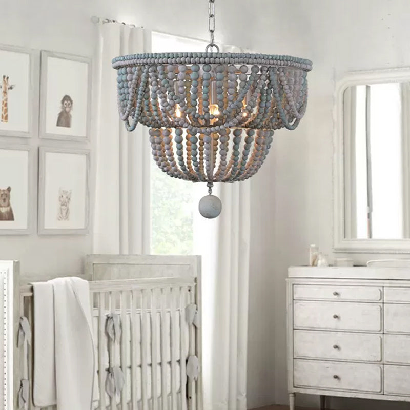 2-Tier Chandelier Modernism Wood 4 Heads 19.5"/25.5" Wide Blue and Gray Pendant Lighting Fixture for Bedroom Clearhalo 'Ceiling Lights' 'Chandeliers' Lighting' options 230533