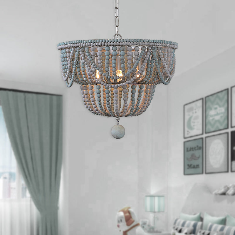 2-Tier Chandelier Modernism Wood 4 Heads 19.5"/25.5" Wide Blue and Gray Pendant Lighting Fixture for Bedroom Clearhalo 'Ceiling Lights' 'Chandeliers' Lighting' options 230535