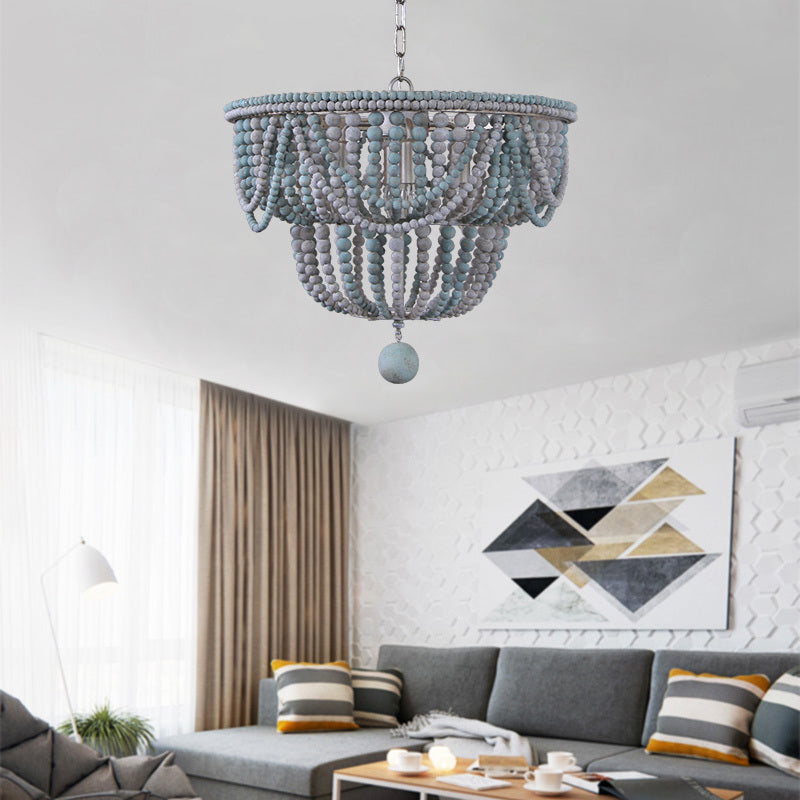 2-Tier Chandelier Modernism Wood 4 Heads 19.5"/25.5" Wide Blue and Gray Pendant Lighting Fixture for Bedroom Clearhalo 'Ceiling Lights' 'Chandeliers' Lighting' options 230536