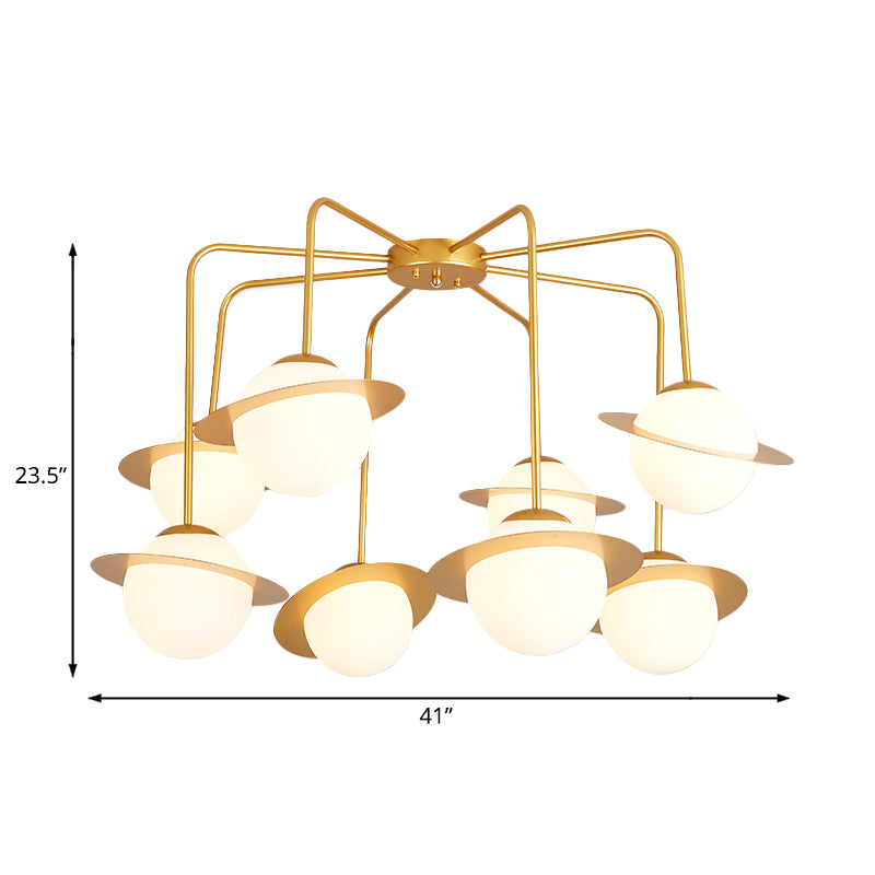 Metal Radial Chandelier Lamp Contemporary 8 Lights Gold/Chrome Led Hanging Ceiling Light Fixture with White Glass Globe Shade Clearhalo 'Ceiling Lights' 'Chandeliers' 'Modern Chandeliers' 'Modern' Lighting' 230580