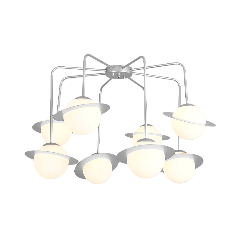 Metal Radial Chandelier Lamp Contemporary 8 Lights Gold/Chrome Led Hanging Ceiling Light Fixture with White Glass Globe Shade Clearhalo 'Ceiling Lights' 'Chandeliers' 'Modern Chandeliers' 'Modern' Lighting' 230583