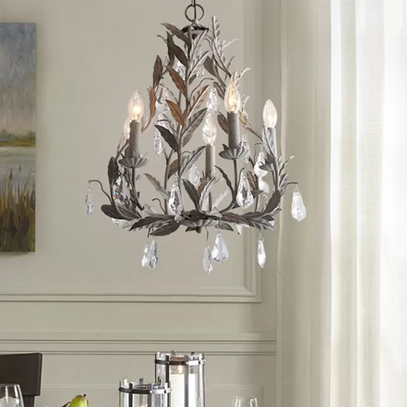 Branch Chandelier Lamp Nordic Metal 5 Heads Grey/White Pendant Lighting Fixture with Crystal Teardrop Clearhalo 'Ceiling Lights' 'Chandeliers' Lighting' options 230632