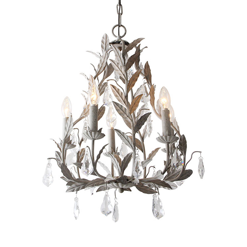 Branch Chandelier Lamp Nordic Metal 5 Heads Grey/White Pendant Lighting Fixture with Crystal Teardrop Clearhalo 'Ceiling Lights' 'Chandeliers' Lighting' options 230633
