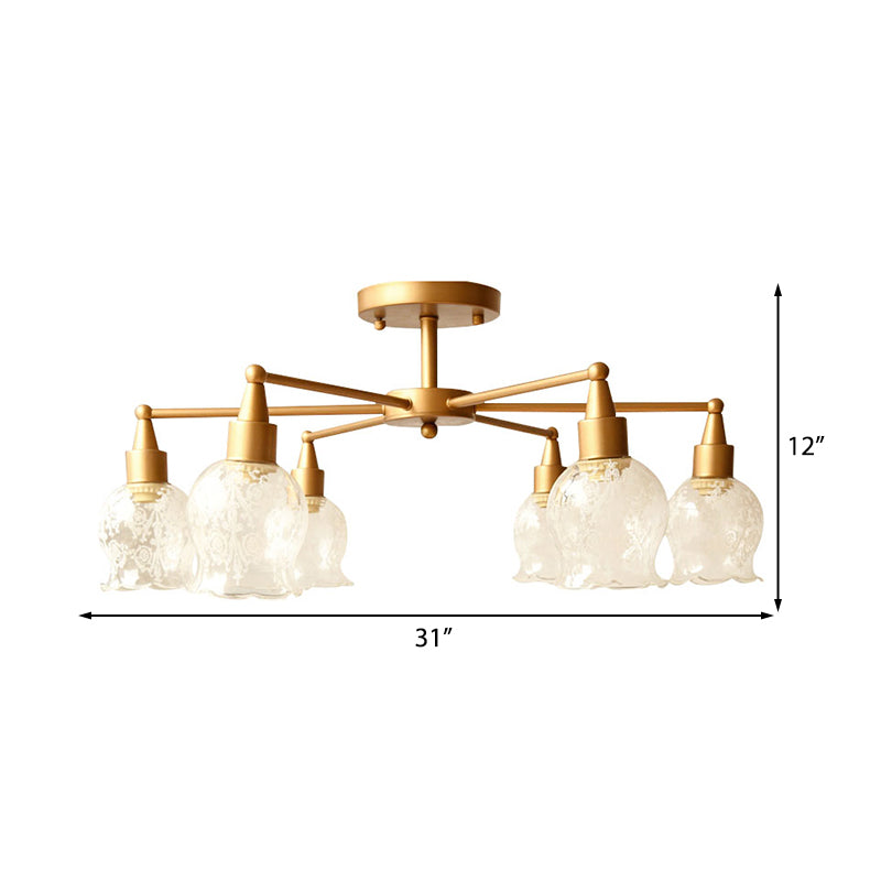 Flower Shape Living Room Semi Mount Lighting Traditional Clear Glass 6 Lights Gold Semi Flush Light Clearhalo 'Ceiling Lights' 'Close To Ceiling Lights' 'Close to ceiling' 'Glass shade' 'Glass' 'Semi-flushmount' Lighting' 230647