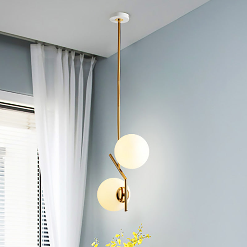 Gold Angle Linear Chandelier Lighting with White Glass Sphere Shade Contemporary 2 Lights Metal Hanging Lamp Fixture Gold Clearhalo 'Ceiling Lights' 'Chandeliers' 'Modern Chandeliers' 'Modern' Lighting' 230657