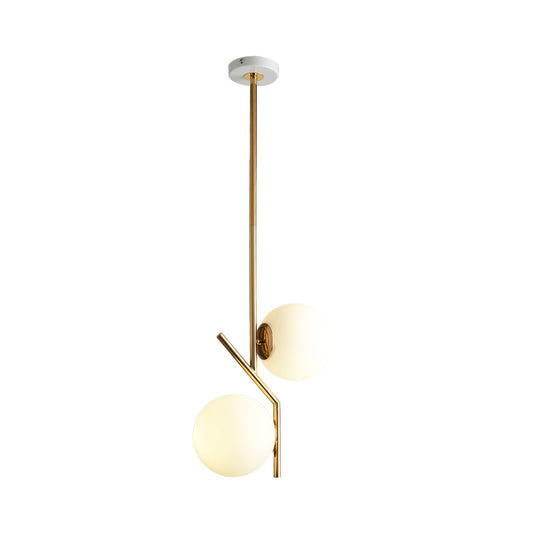 Gold Angle Linear Chandelier Lighting with White Glass Sphere Shade Contemporary 2 Lights Metal Hanging Lamp Fixture Clearhalo 'Ceiling Lights' 'Chandeliers' 'Modern Chandeliers' 'Modern' Lighting' 230659