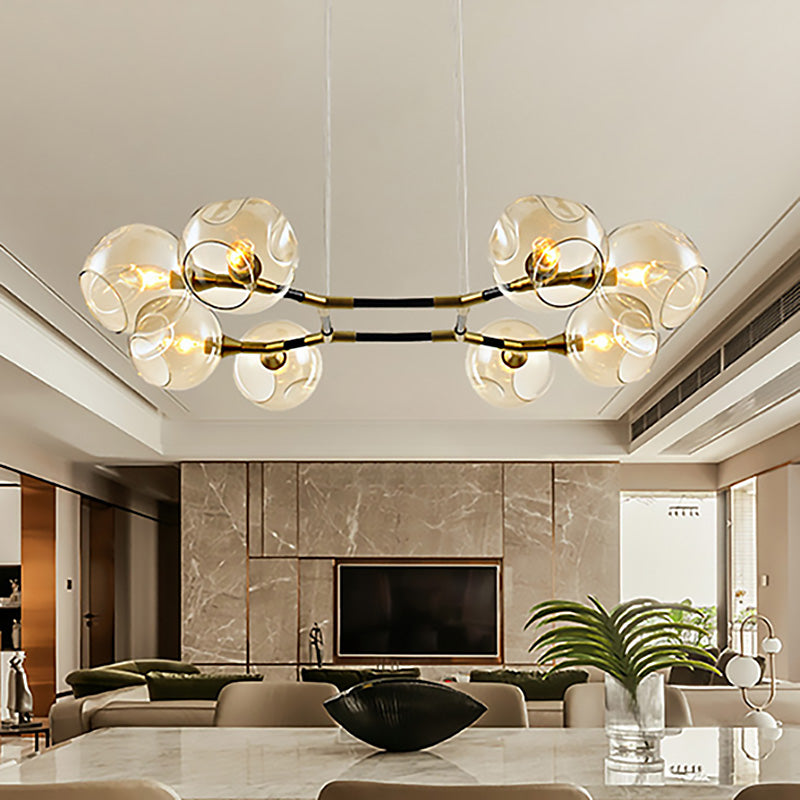 Branch Chandelier Pendant Lamp Modern Metal Multi Lights Brass Ceiling Hung Light with Amber Dimpled Blown Glass Ball Shade Brass Clearhalo 'Ceiling Lights' 'Chandeliers' 'Modern Chandeliers' 'Modern' Lighting' 230667