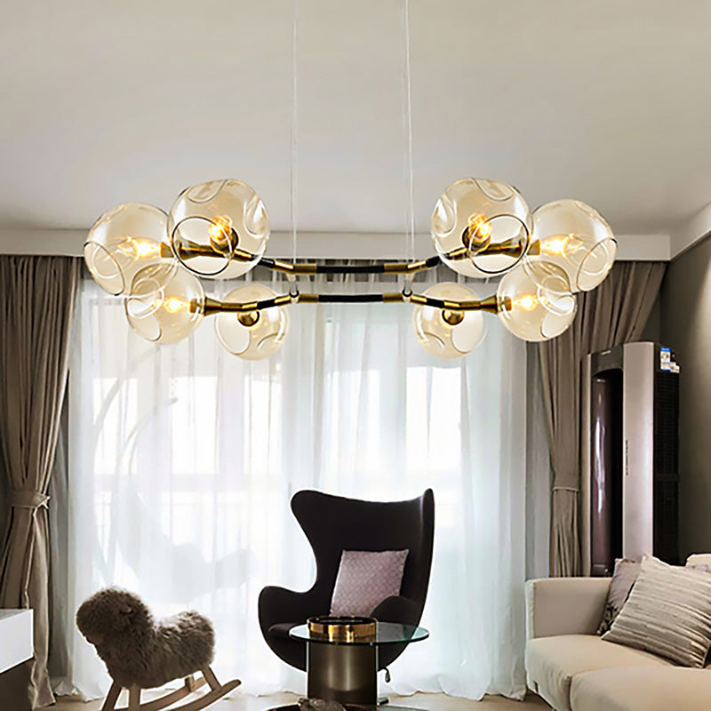 Branch Chandelier Pendant Lamp Modern Metal Multi Lights Brass Ceiling Hung Light with Amber Dimpled Blown Glass Ball Shade Clearhalo 'Ceiling Lights' 'Chandeliers' 'Modern Chandeliers' 'Modern' Lighting' 230668