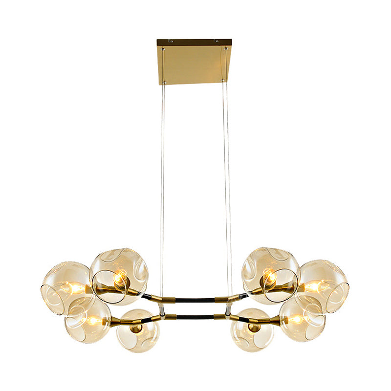 Branch Chandelier Pendant Lamp Modern Metal Multi Lights Brass Ceiling Hung Light with Amber Dimpled Blown Glass Ball Shade Clearhalo 'Ceiling Lights' 'Chandeliers' 'Modern Chandeliers' 'Modern' Lighting' 230669