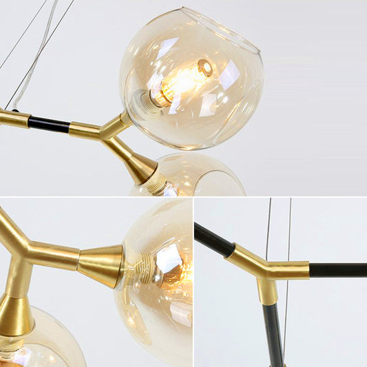 Branch Chandelier Pendant Lamp Modern Metal Multi Lights Brass Ceiling Hung Light with Amber Dimpled Blown Glass Ball Shade Clearhalo 'Ceiling Lights' 'Chandeliers' 'Modern Chandeliers' 'Modern' Lighting' 230671