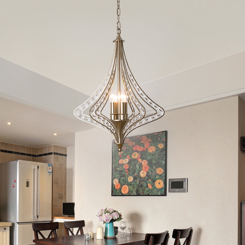 4 Bulbs Tapered Ceiling Chandelier Rustic Crystal Suspended Lighting Fixture in Brass Clearhalo 'Ceiling Lights' 'Chandeliers' Lighting' options 230677