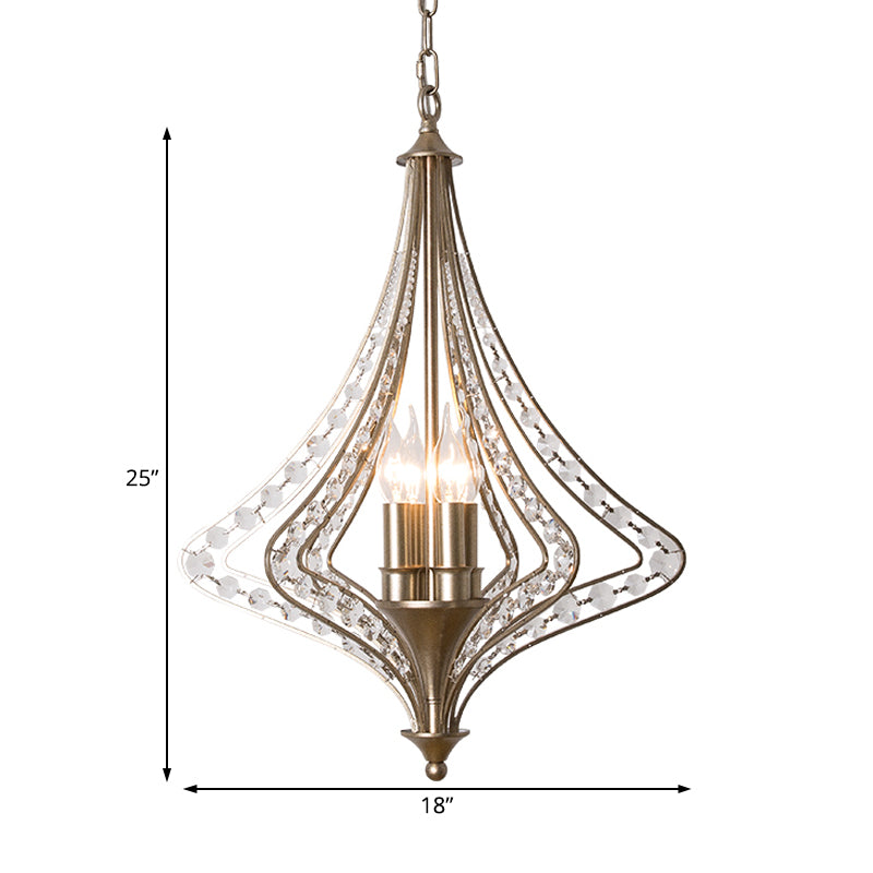 4 Bulbs Tapered Ceiling Chandelier Rustic Crystal Suspended Lighting Fixture in Brass Clearhalo 'Ceiling Lights' 'Chandeliers' Lighting' options 230679